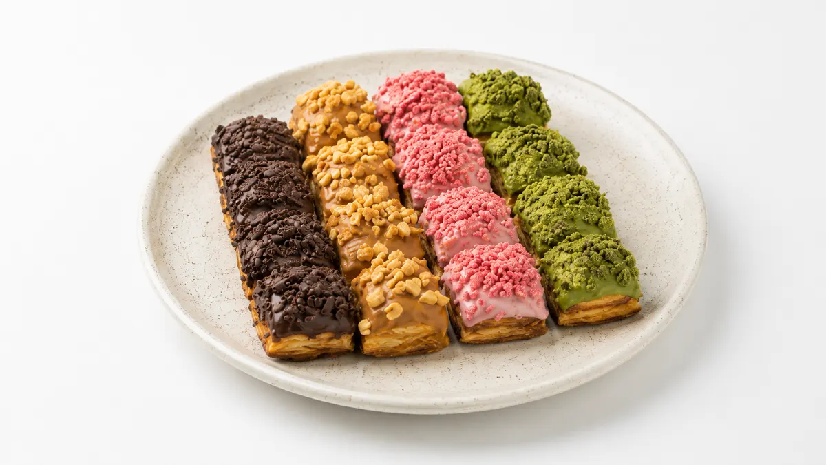 NEW YORK SAKURAYA のチョコレートミニパイ 4種(チョコ・キャラメル・ストロベリー・抹茶)— 白い陶器皿に彩り豊かに並ぶ